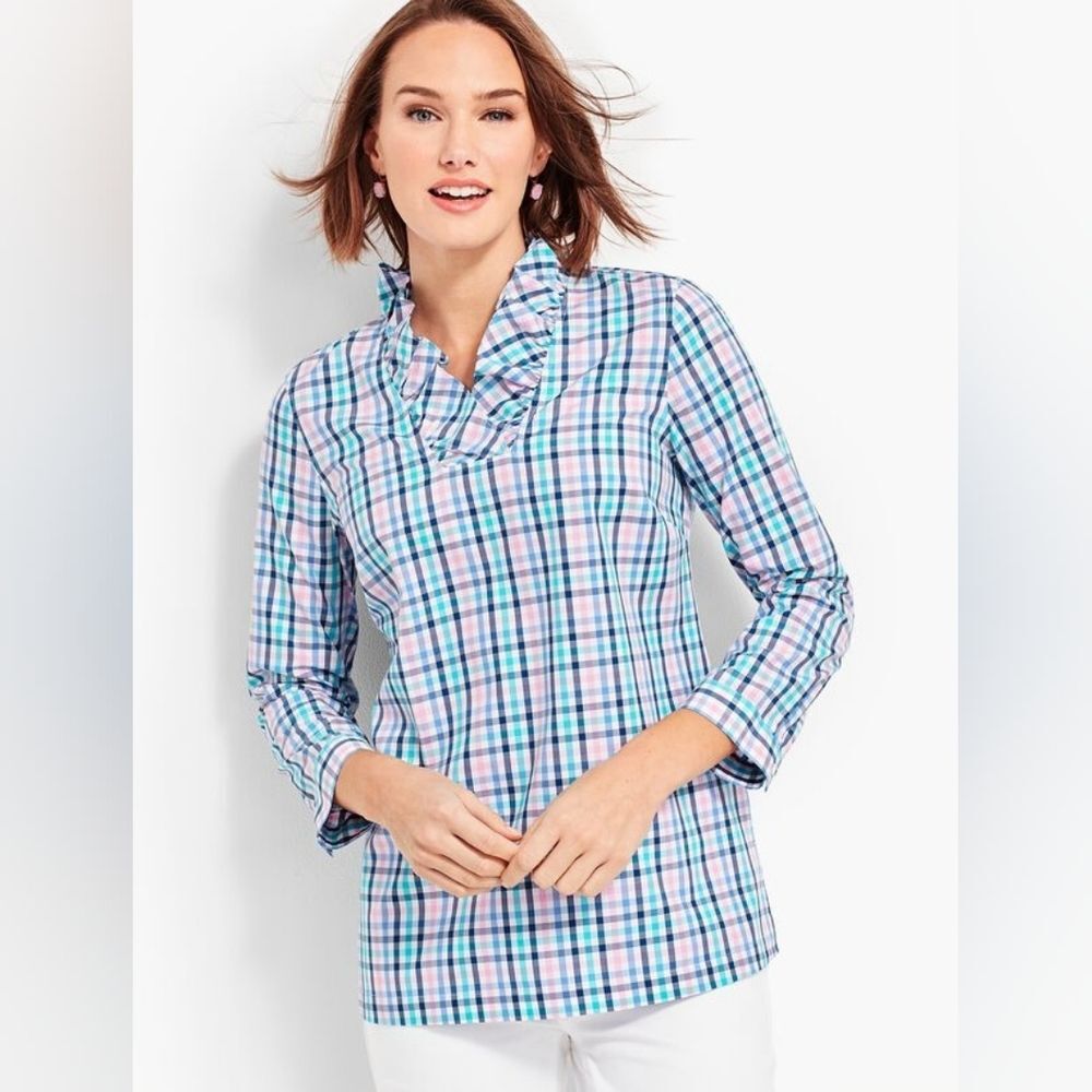 Talbots Ruffle-Neck Popover Tunic-Gingham Spring Pastel Shirt